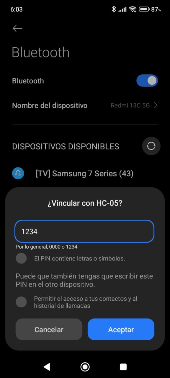 Ingreso de contraseña Bluetooth